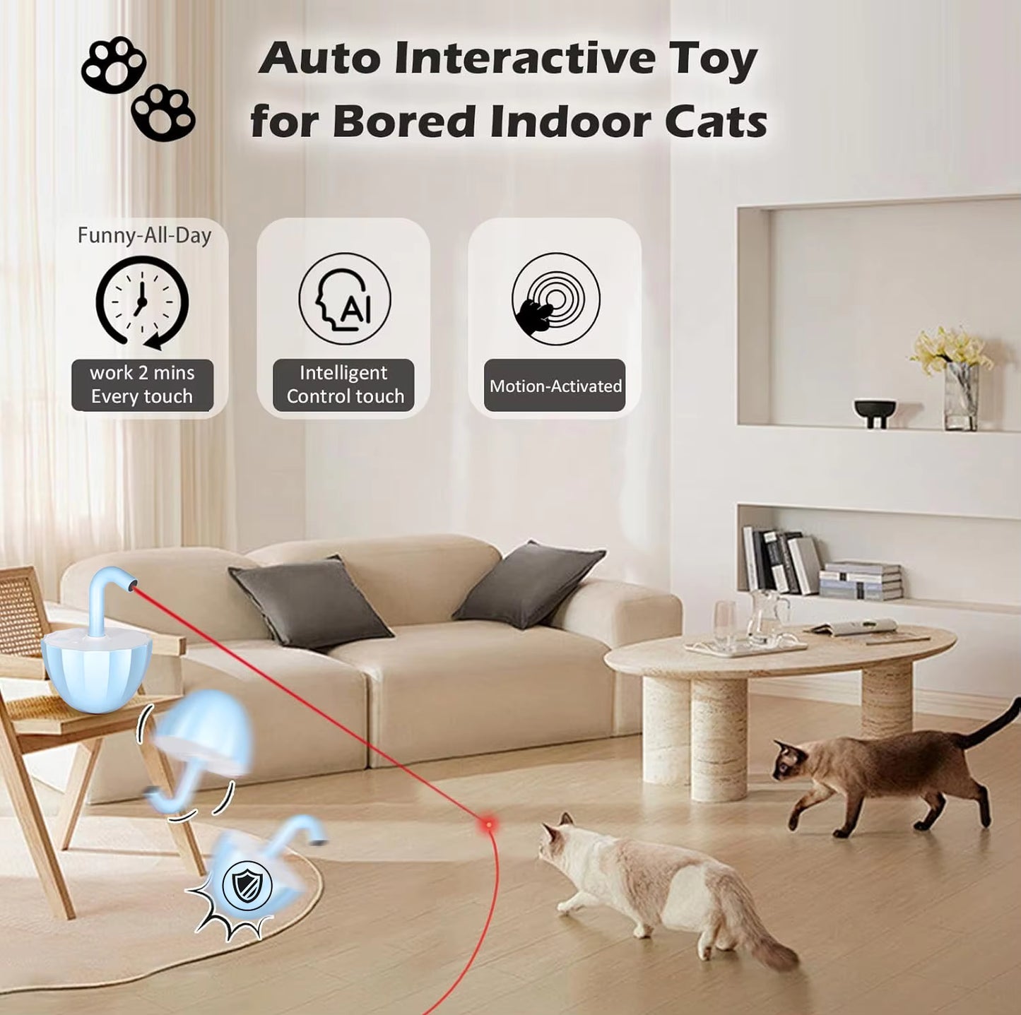 PlaySmartCat Rechargeable Automatic Cat Laser Toy with True Random Motion, Interactive Indoor Laser Toy for Cats & Small Dogs